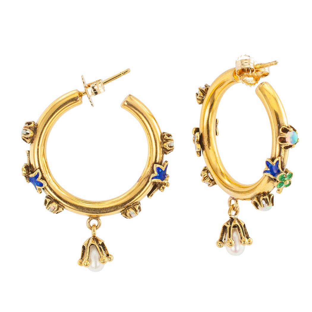 Enamel Opal Pearl Gold Hoop Earrings In Good Condition In Los Angeles, CA
