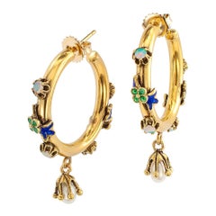 Vintage Enamel Opal Pearl Gold Hoop Earrings