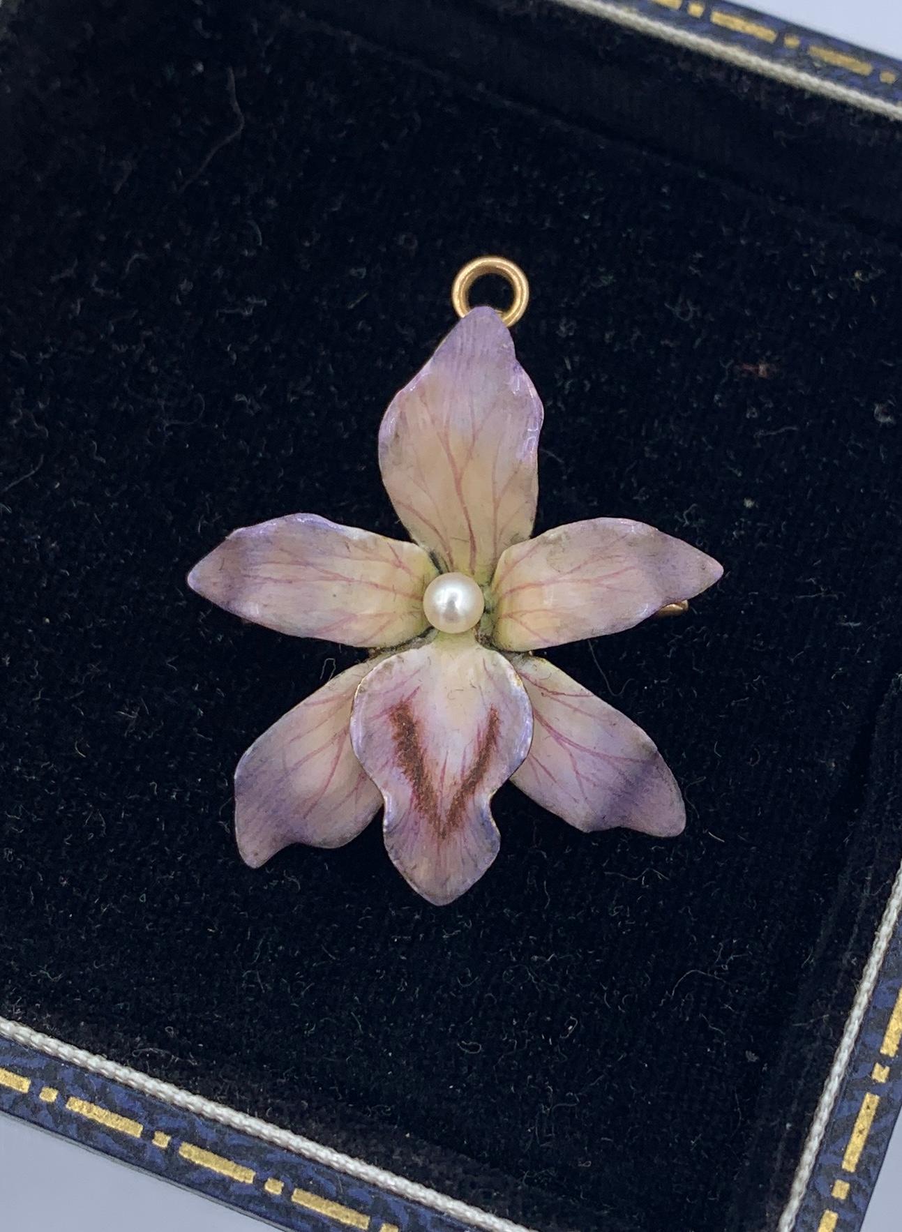 THIS IS AN ANTIQUE VICTORIAN - ART NOUVEAU LAVALIERE PENDANT OR BROOCH IN THE FORM OF AN ORCHID FLOWER.  THE ORCHID IS ABSOLUTELY STUNNING WITH THE MOST SPECTACULAR MULTI-HUED LAVENDER, PURPLE, AND PINK DETAILED ENAMEL OF THE HIGHEST QUALITY SET