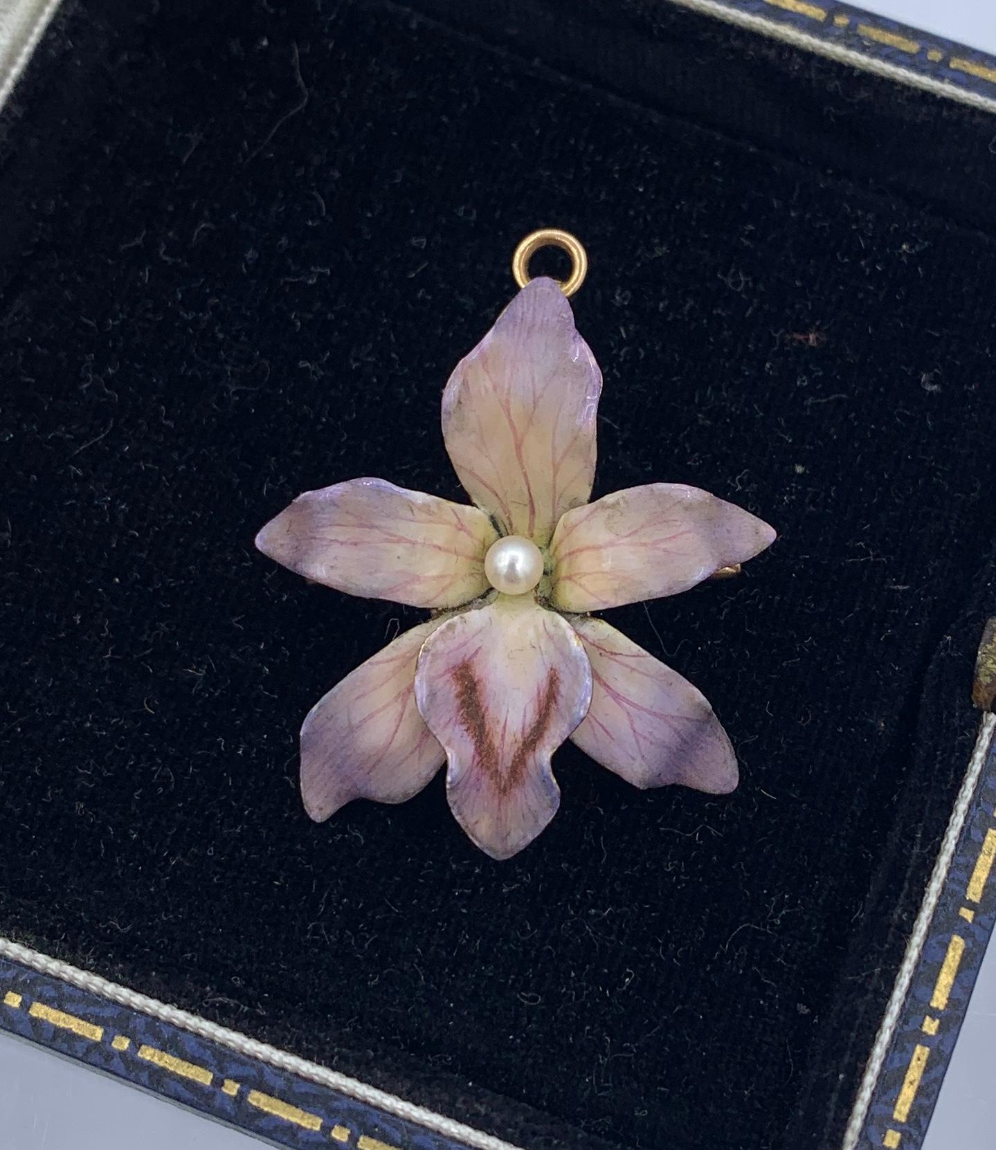Enamel Orchid Flower Pendant Necklace Or Brooch Gold Victorian Art Nouveau In Excellent Condition For Sale In New York, NY