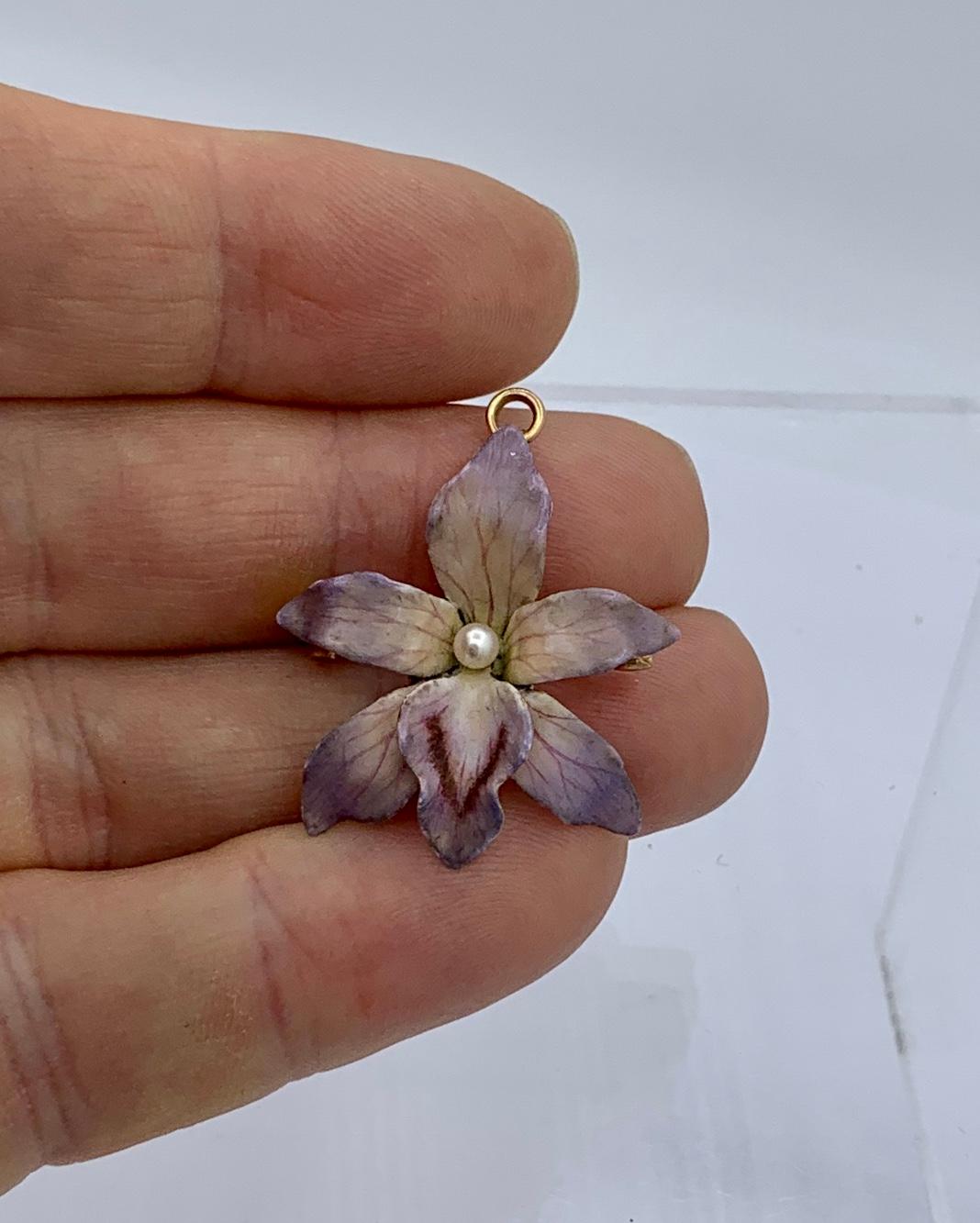 Women's Enamel Orchid Flower Pendant Necklace Or Brooch Gold Victorian Art Nouveau For Sale