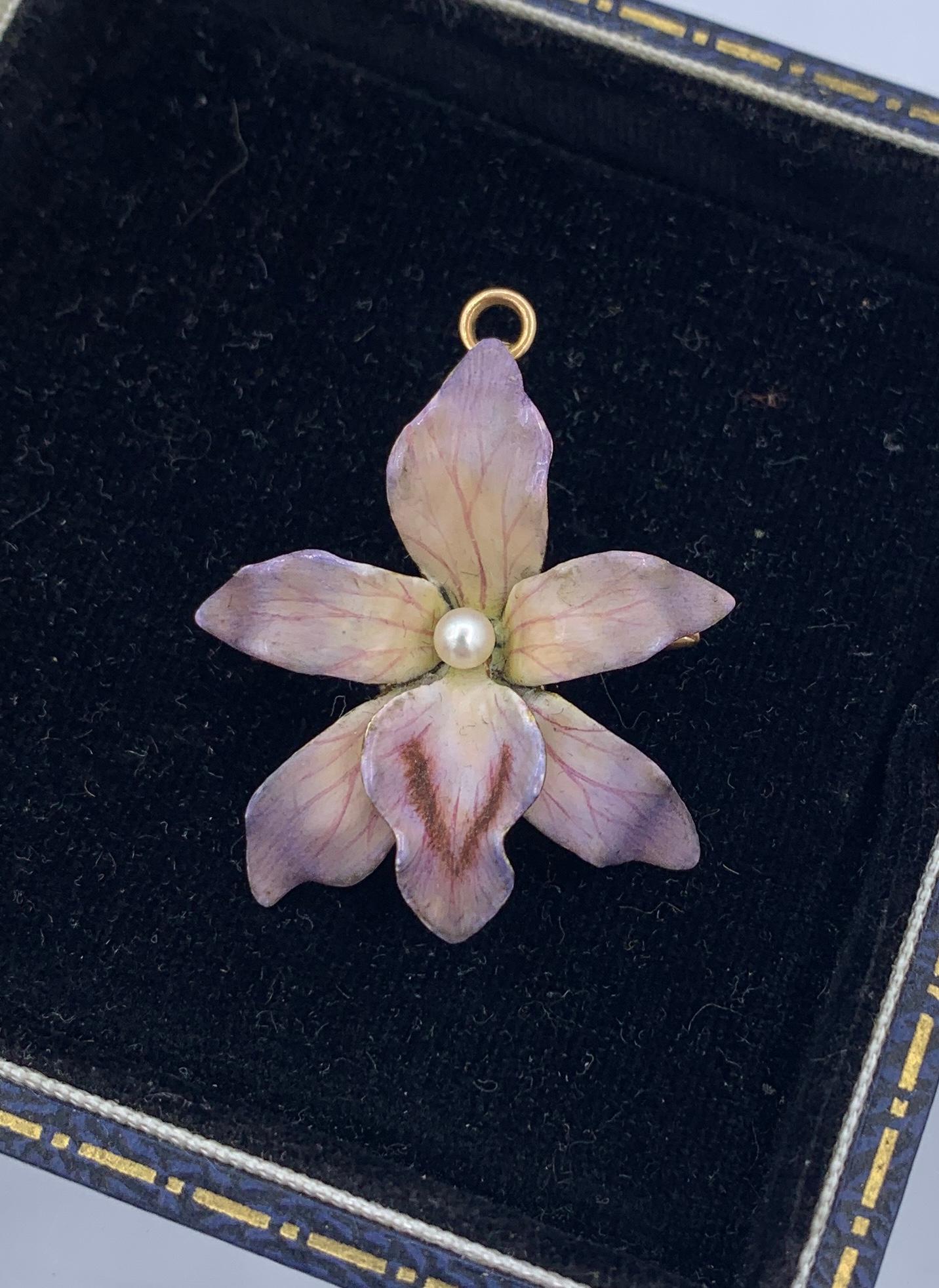 Enamel Orchid Flower Pendant Necklace Or Brooch Gold Victorian Art Nouveau For Sale 1
