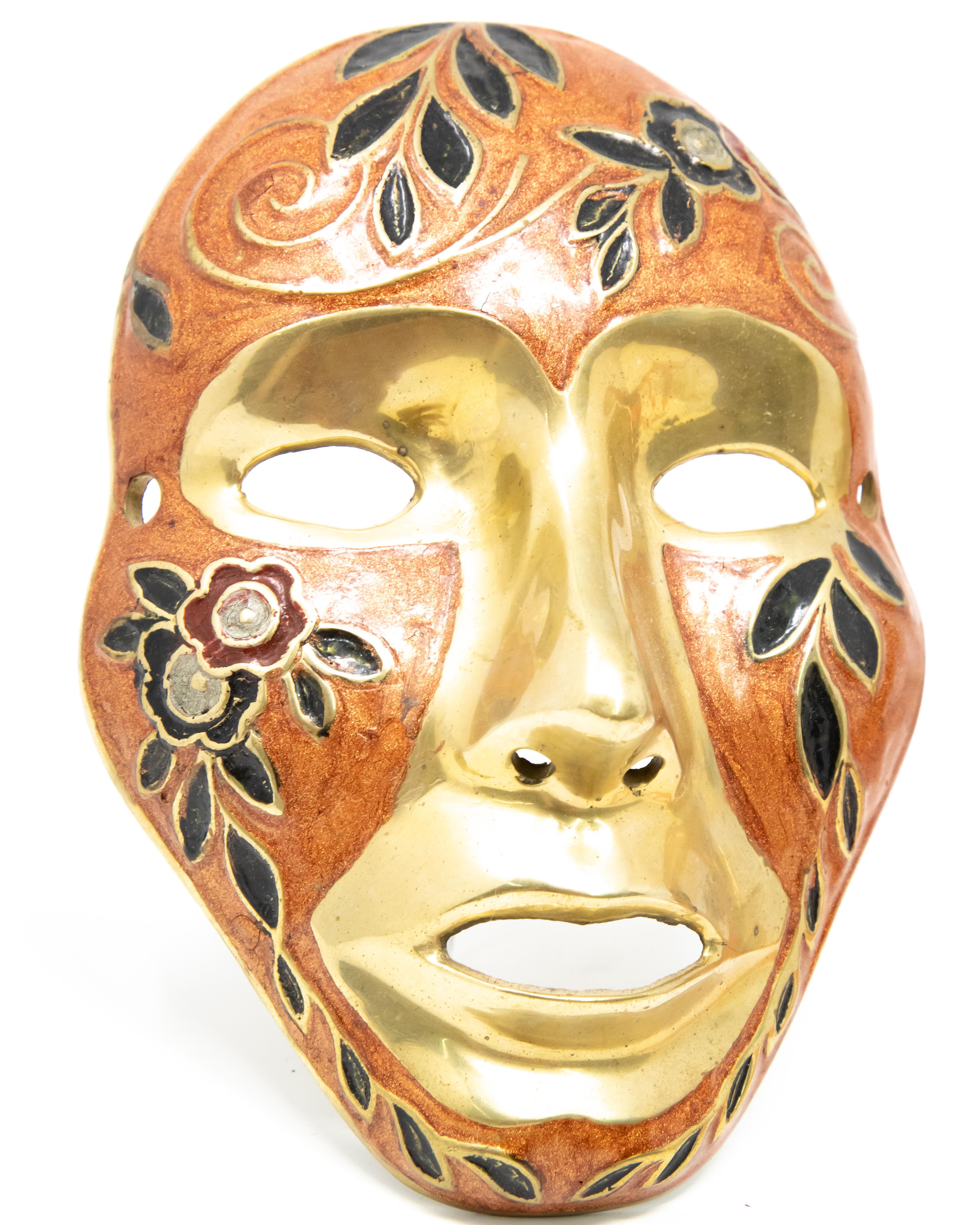 Cast Enamel over Brass Masquerade Masks with Ribbon For Sale