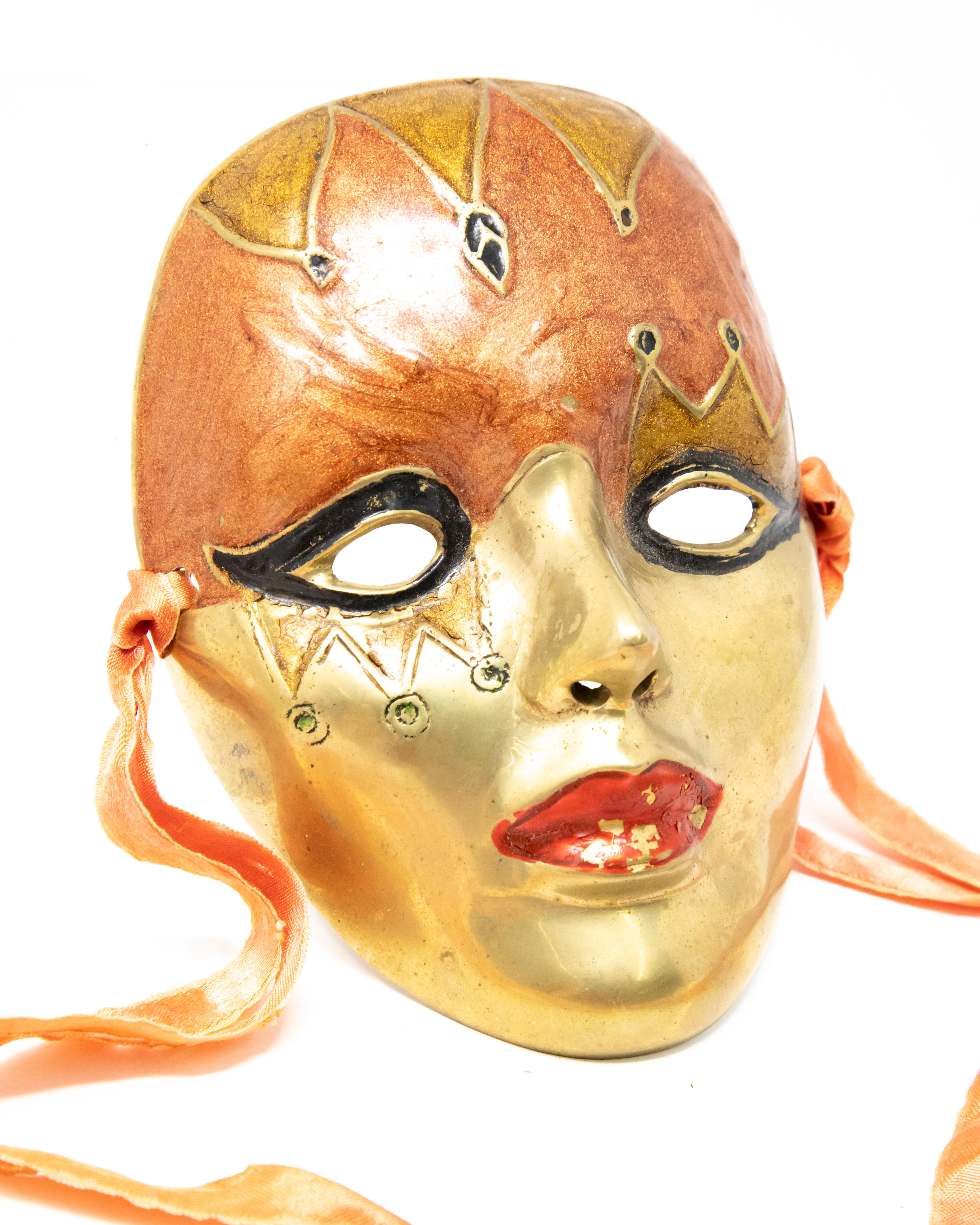 Late 20th Century Enamel over Brass Masquerade Masks with Ribbon For Sale
