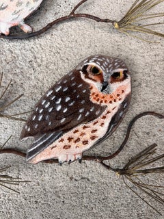 Enamel Owl Family Sculpture on Pine Branch, Mid-20th Century, 1970