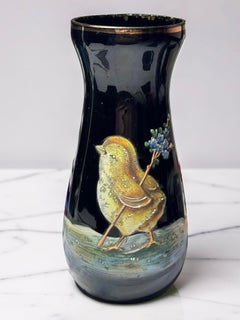 Vaso in vetro opalino dipinto a smalto Biddy Chicken Bird, antico tedesco orientale, 1900
