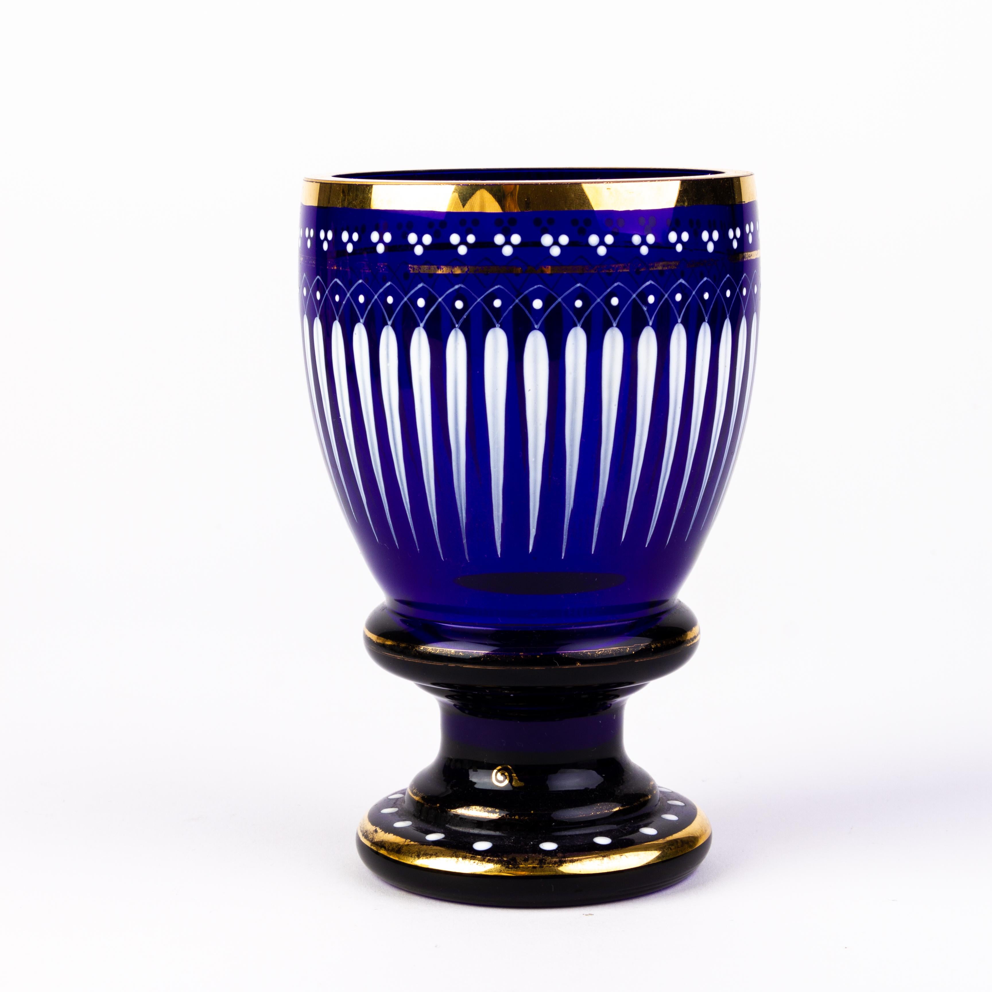 Enamel Painted Bristol Blue Glass Goblet with Gold Rims In Good Condition In Nottingham, GB