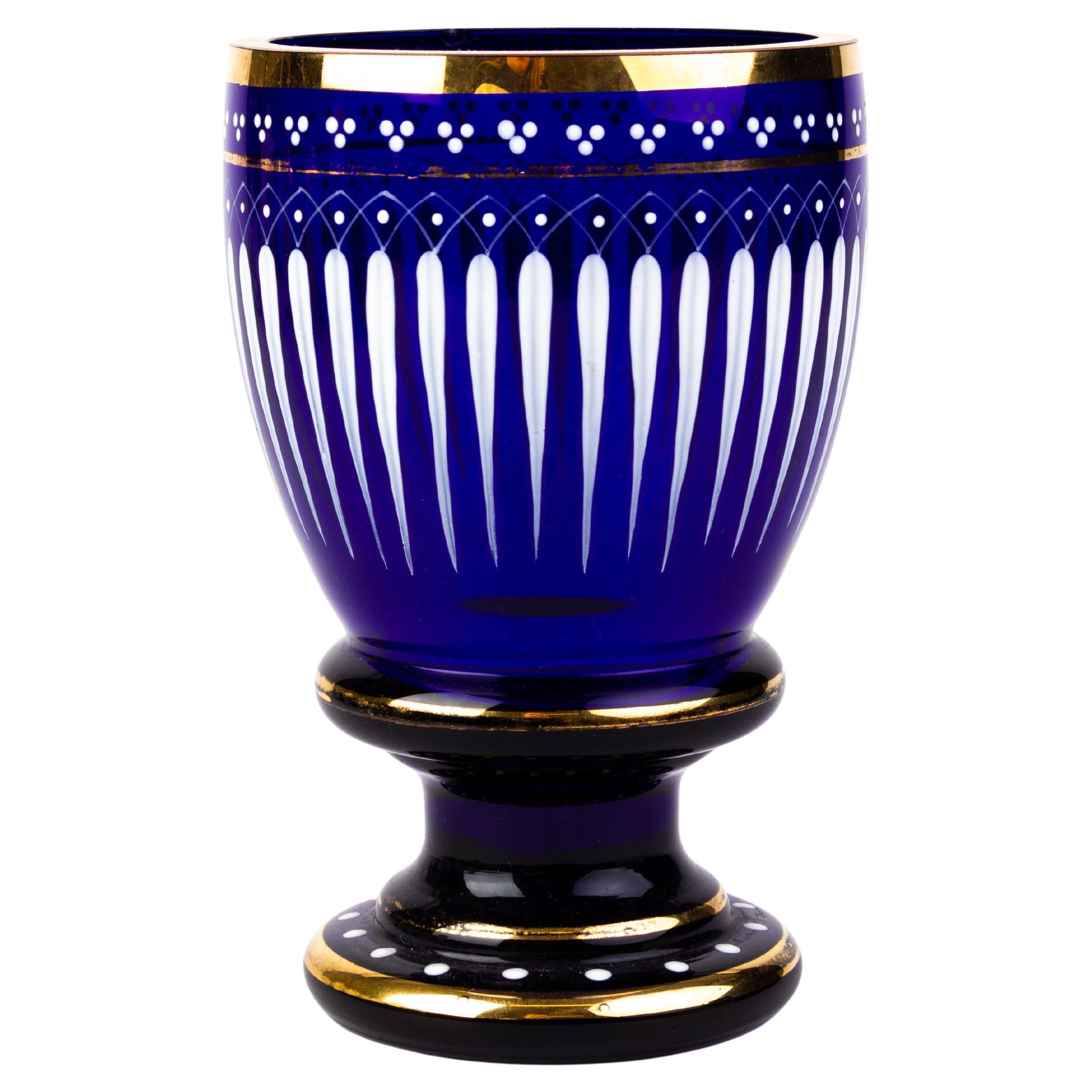 Enamel Painted Bristol Blue Glass Goblet with Gold Rims For Sale