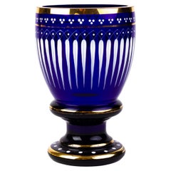 Antique Enamel Painted Bristol Blue Glass Goblet with Gold Rims