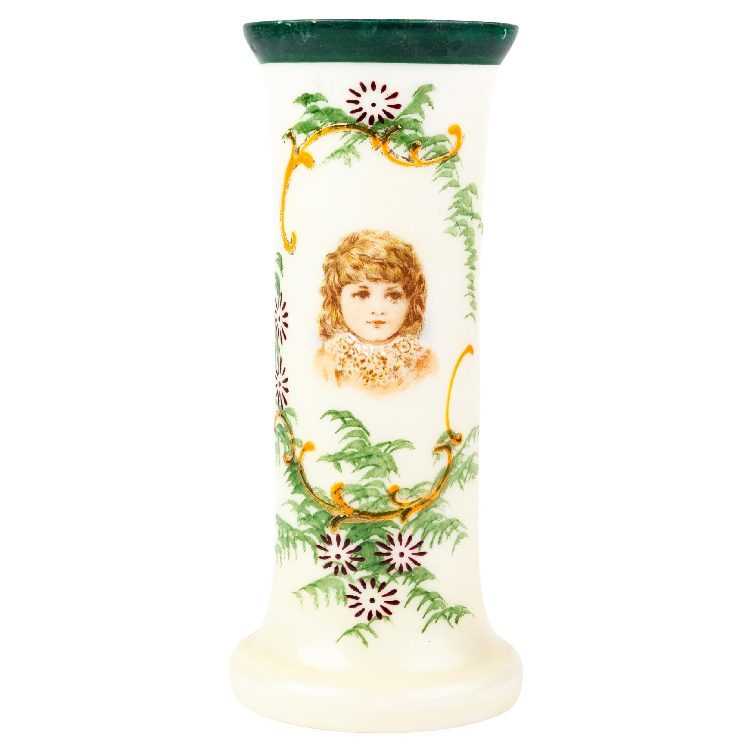 Enamel Painted Opaline Glass Victorian Portrait Vase 