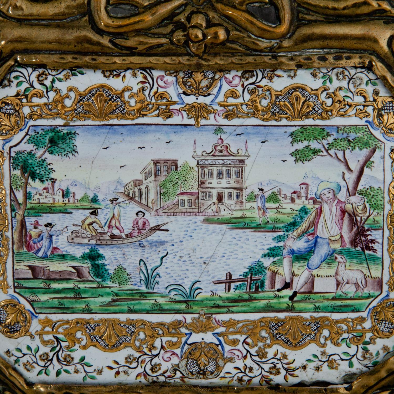 Lid of a larger box with an enamel painting in the style of Samuel Gottlieb Rohner, later framed in a brass frame. For similar objects see: Mariusz Widerynski: Wilanow - Der Palast, p. 98, fig. 120.