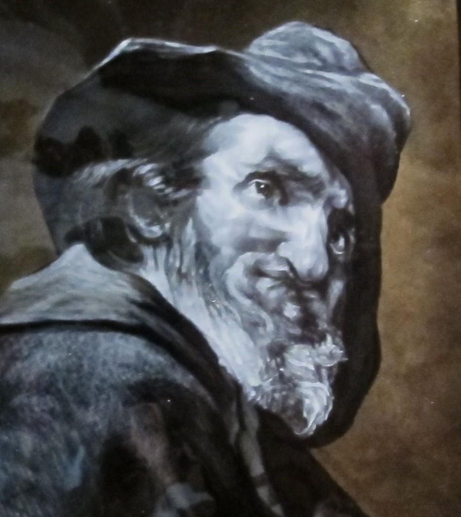 Enamel painting painted on copper representing the portrait of Menippus of Sinope, Greek poet and philosopher of the Cynic school, who lived between the 4th and 3rd centuries BC, based on a painting by Diego Velazquez painted around 1640 and kept at