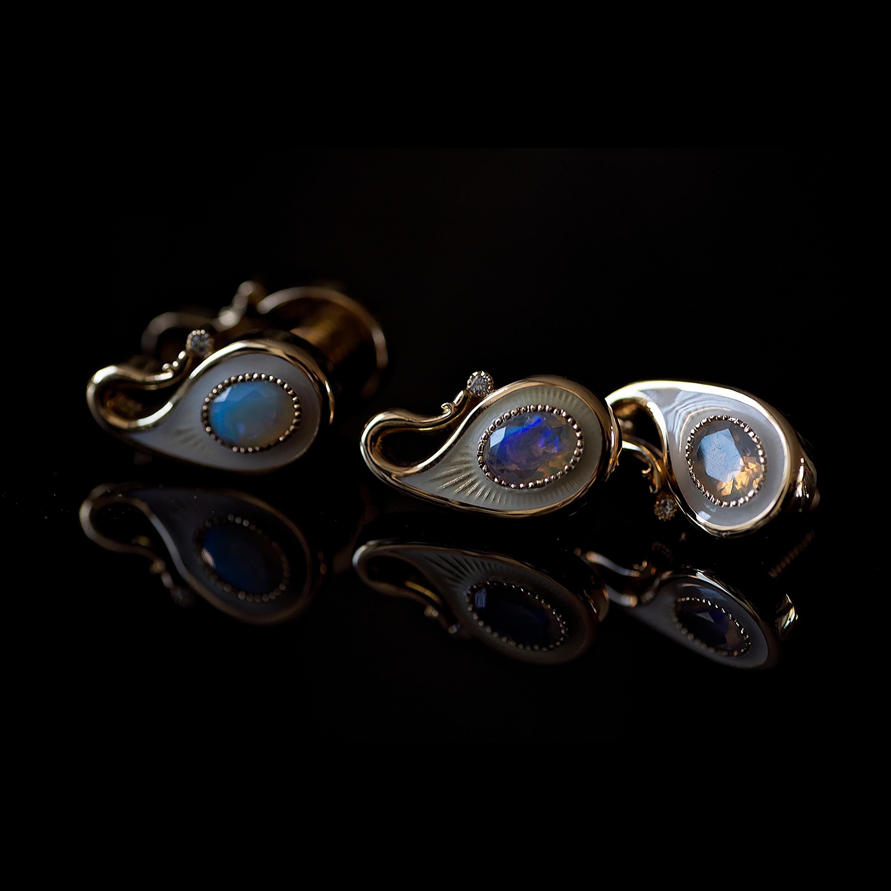 These luxurious 18K solid gold cufflinks are double-sided, set with opals and diamonds, and finished with milky white guilloche enamel. Two parts connect to each other via a custom gold screw mechanism. Paisley symbol reminds the wearer of the