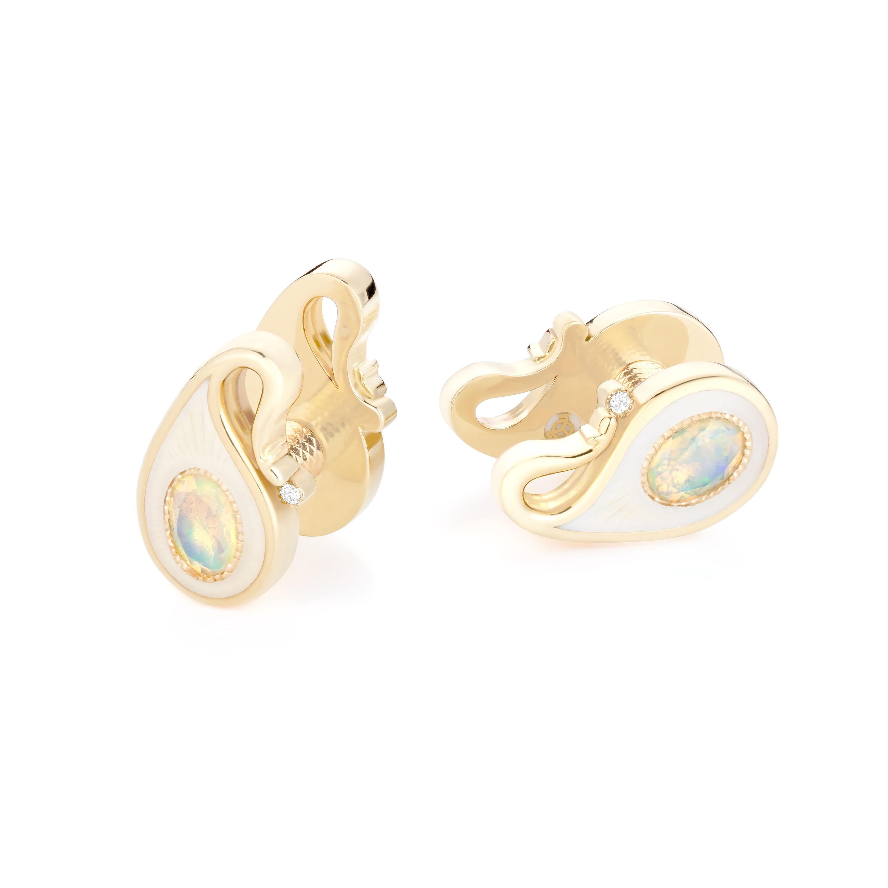 Contemporary 18k Yellow Gold Opals Diamonds Guilloche Enamel Double-Sided Paisley Cufflinks For Sale