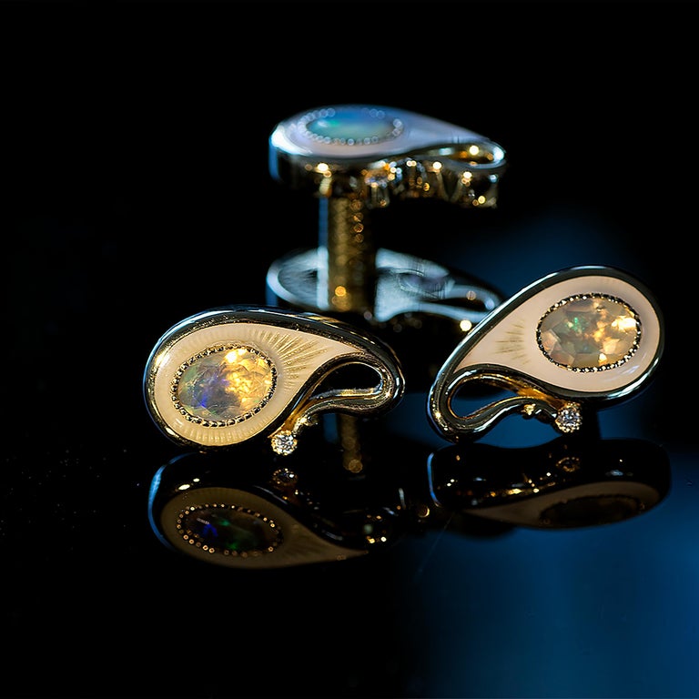 Brilliant Cut 18k Yellow Gold Opals Diamonds Guilloche Enamel Double-Sided Paisley Cufflinks For Sale