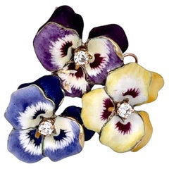 Enamel Pansy Brooch Pendant 14K 1960's