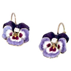 Enamel Pansy Earrings with Diamond Center 14K