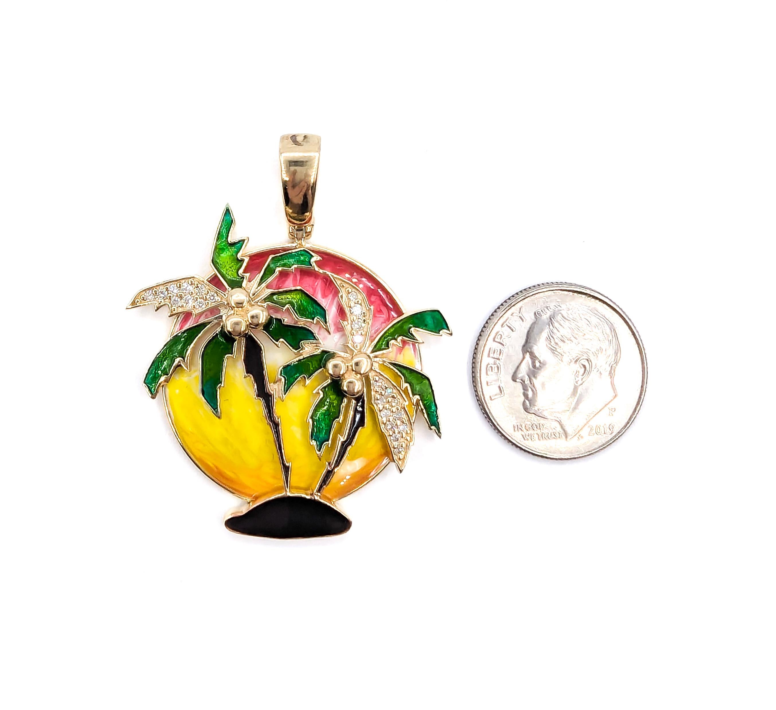 Emaille-Anhänger Paradise Palm Tree & Diamant in Gelbgold mit Emaille (Rundschliff)