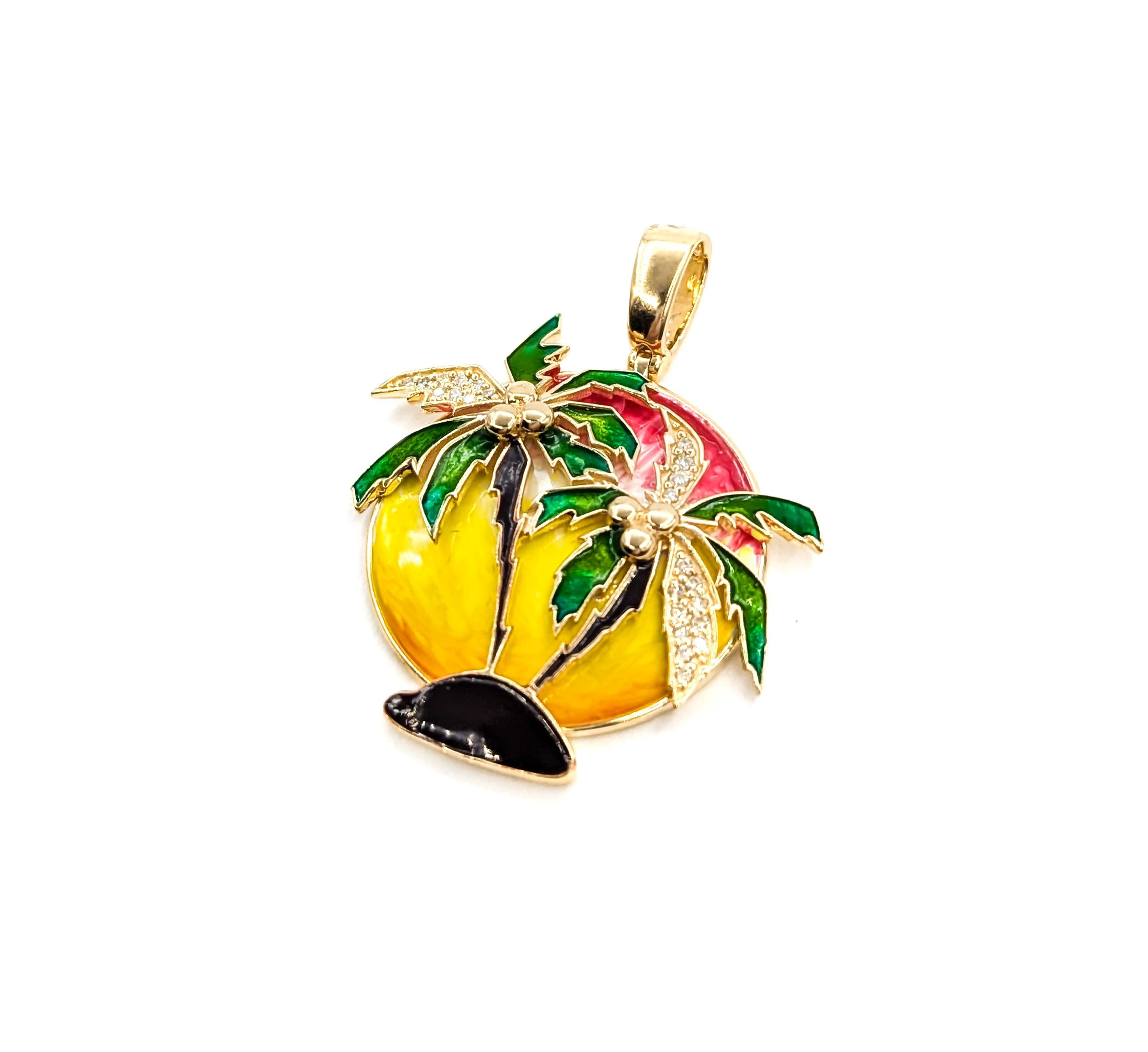Emaille-Anhänger Paradise Palm Tree & Diamant in Gelbgold mit Emaille 1