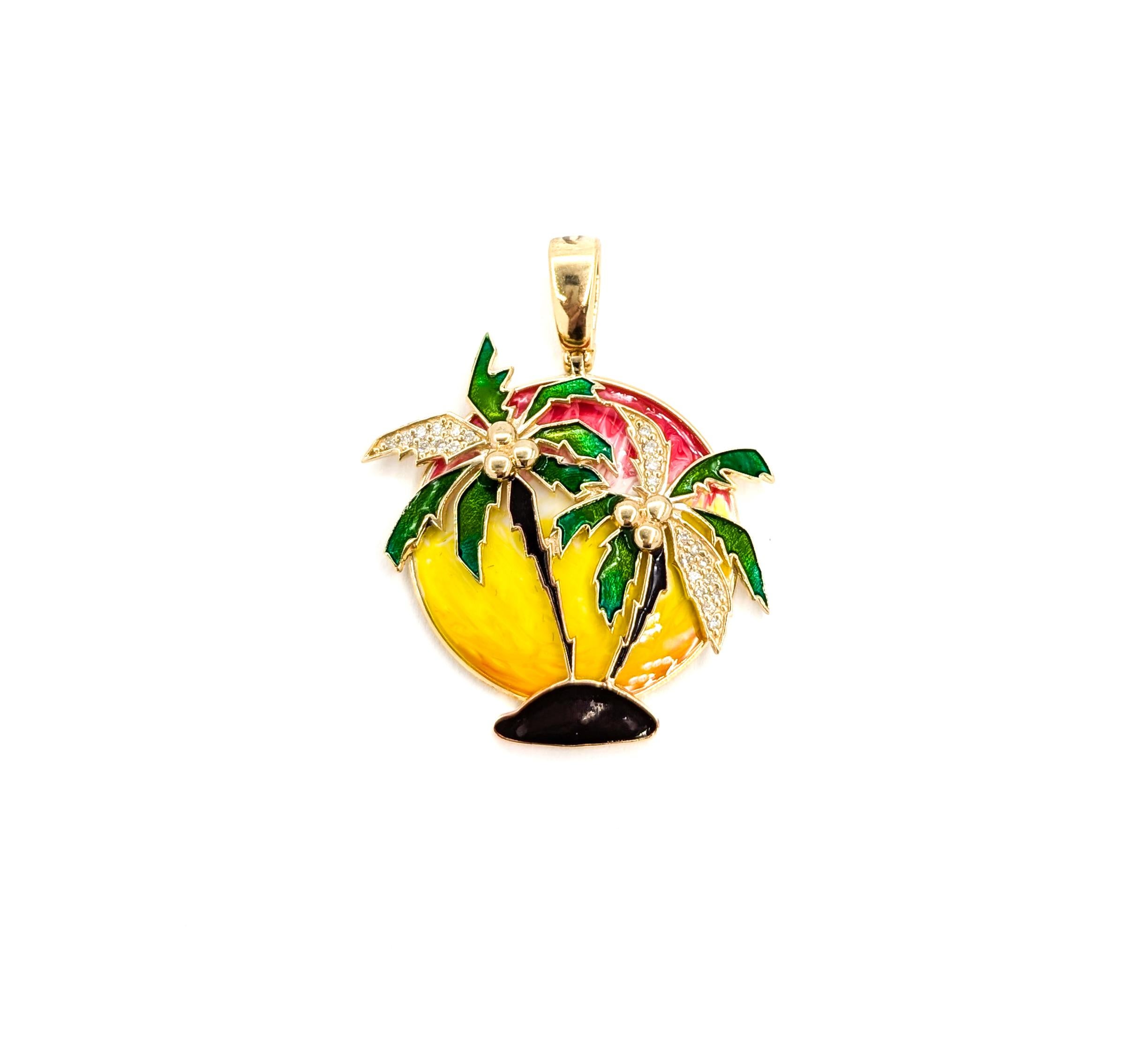 Emaille-Anhänger Paradise Palm Tree & Diamant in Gelbgold mit Emaille 2