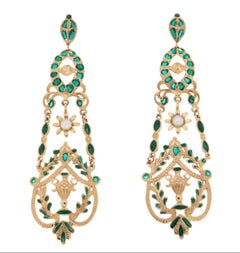 Art Nouveau 14K Yellow Gold Enamel Pearl Drop Earrings, Italy, 1980