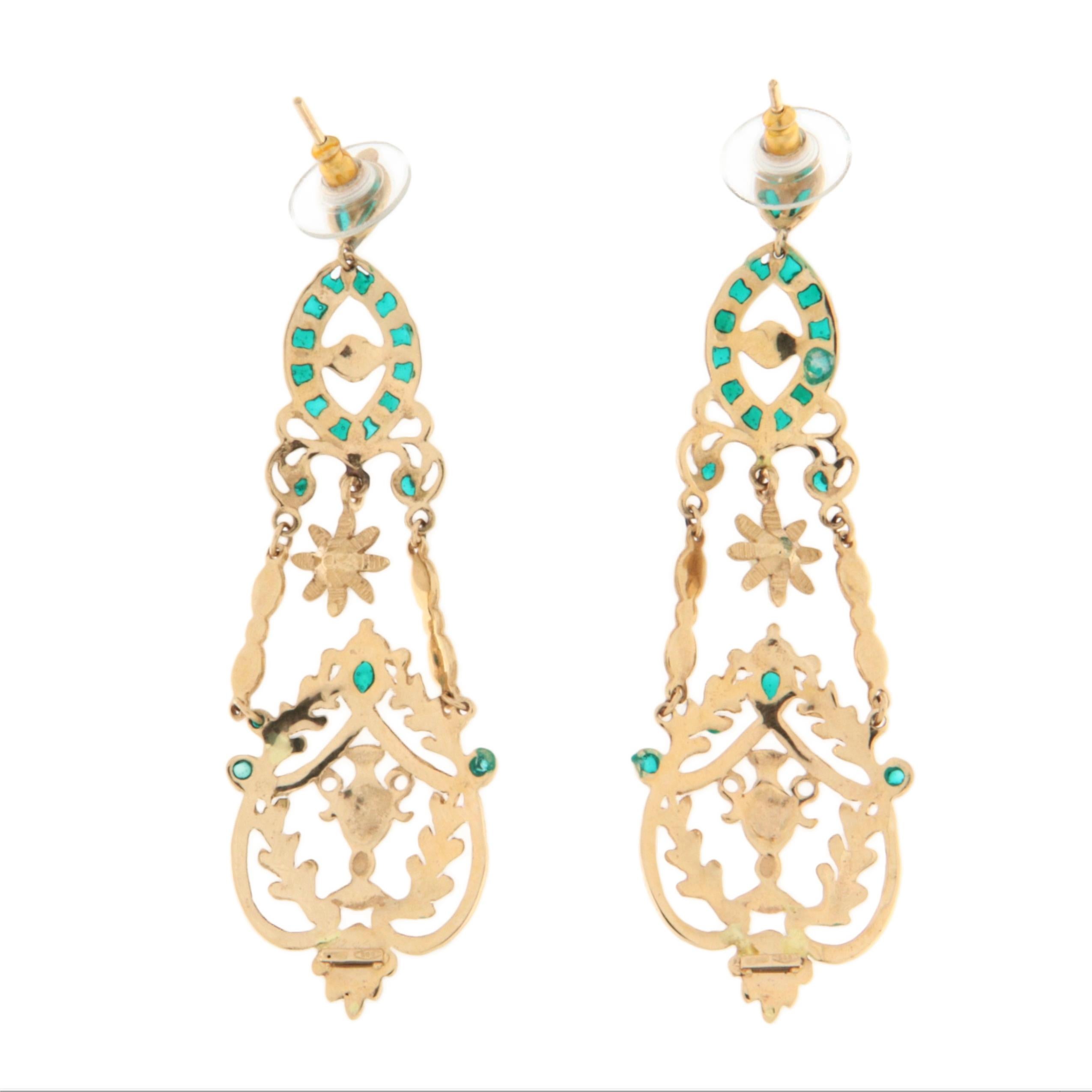 Pendants d'oreilles en or jaune 14 carats avec perles en émail Neuf - En vente à Marcianise, IT