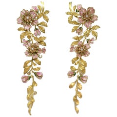 Enamel, Pearl and Tsavorite 18 Karat Gold Flower Earrings