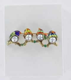 Enamel Pearl Bird Pin with Emeralds and Rubies in 18 Karat Gold
