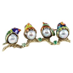 Enamel Pearl Bird Pin with Emeralds and Rubies in 18 Karat Gold