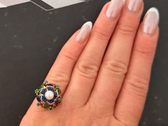 Enamel Pearl Emerald Sapphire 3D Flower Ring 14K Yellow Gold