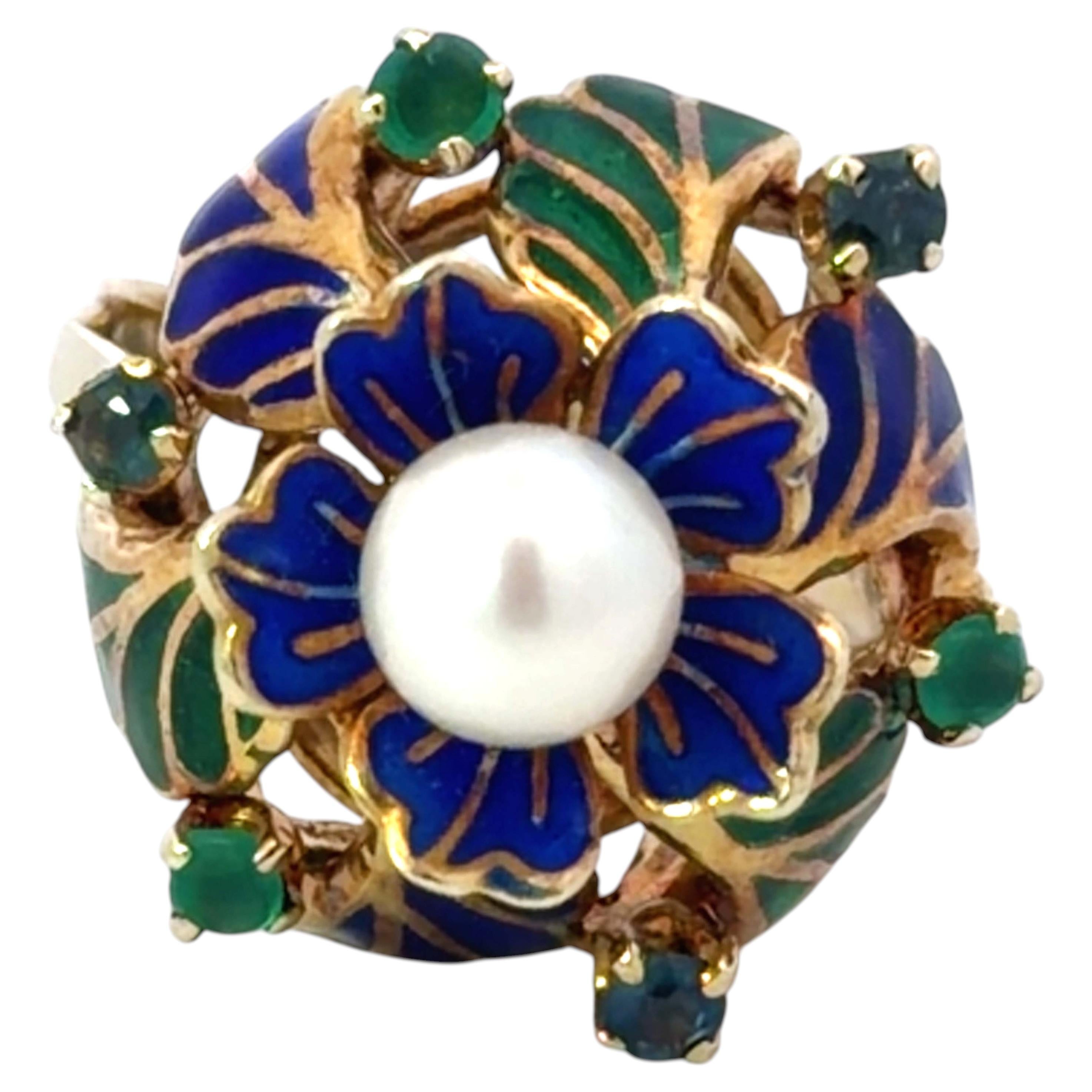 Bague fleur en 3D avec perle, émeraude et saphir, en or jaune 14 carats en vente
