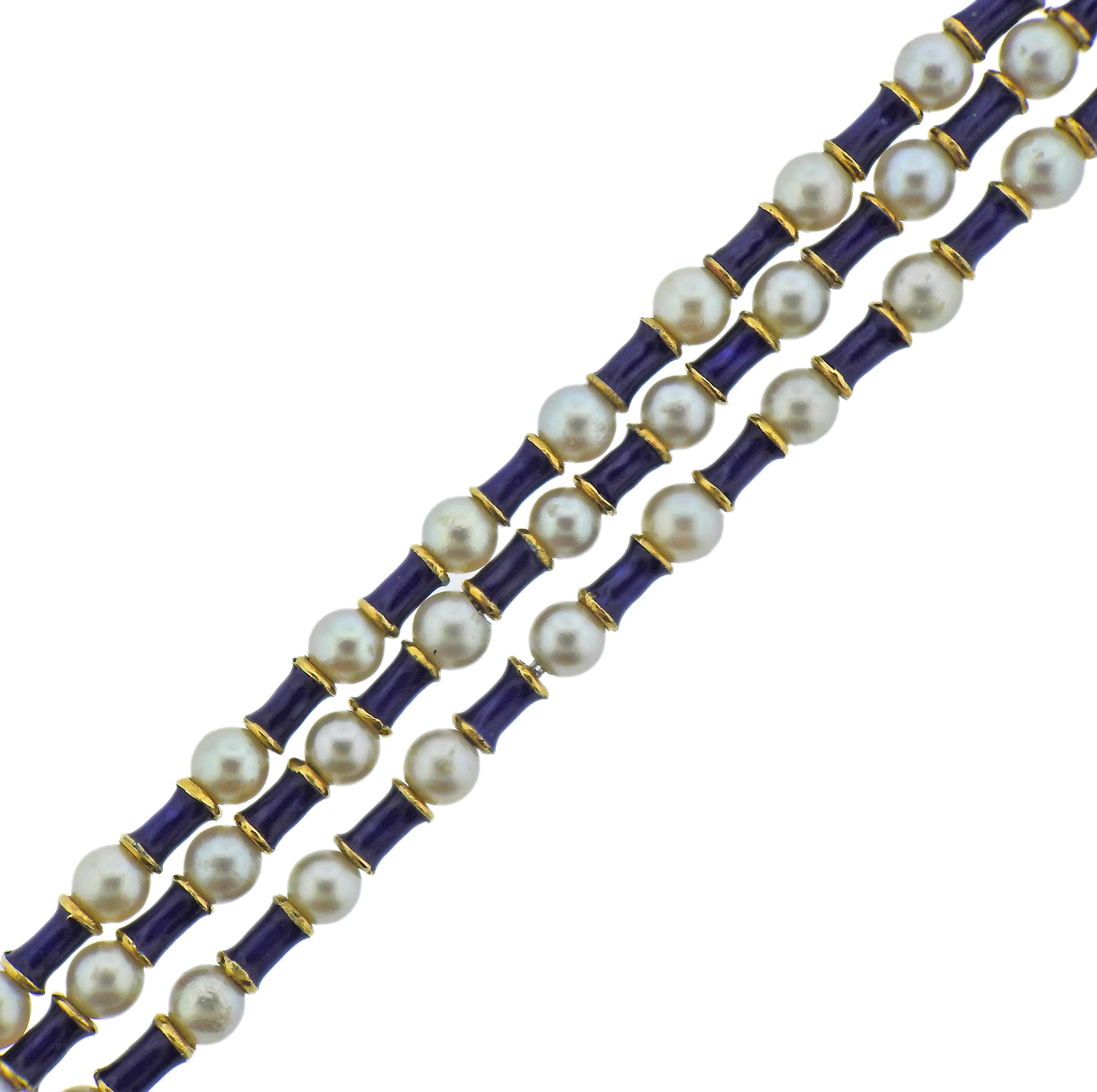 18k gold three strand bracelet, decorated with blue enamel and 4.5-5mm pearls. Bracelet is 7.5