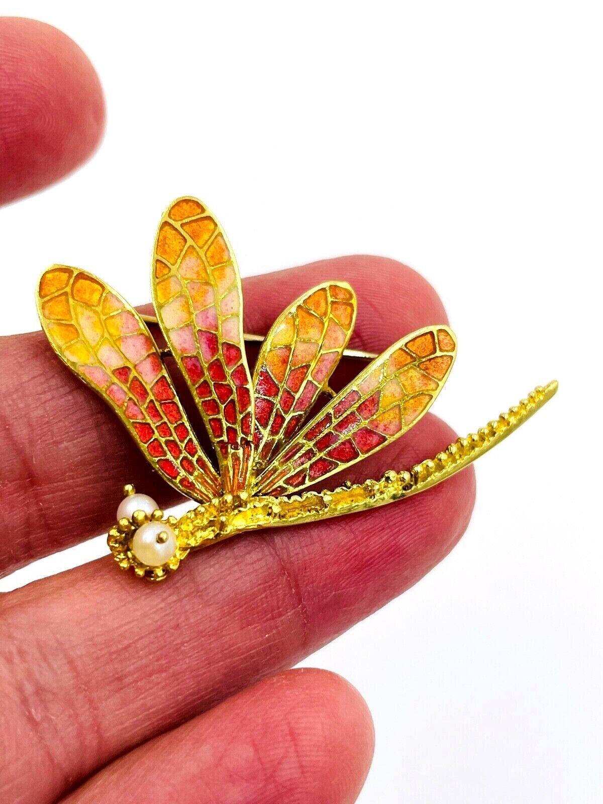 Women's or Men's Enamel Pearl Yellow Gold Dragonfly Brooch 