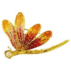 Enamel Pearl Yellow Gold Dragonfly Brooch 