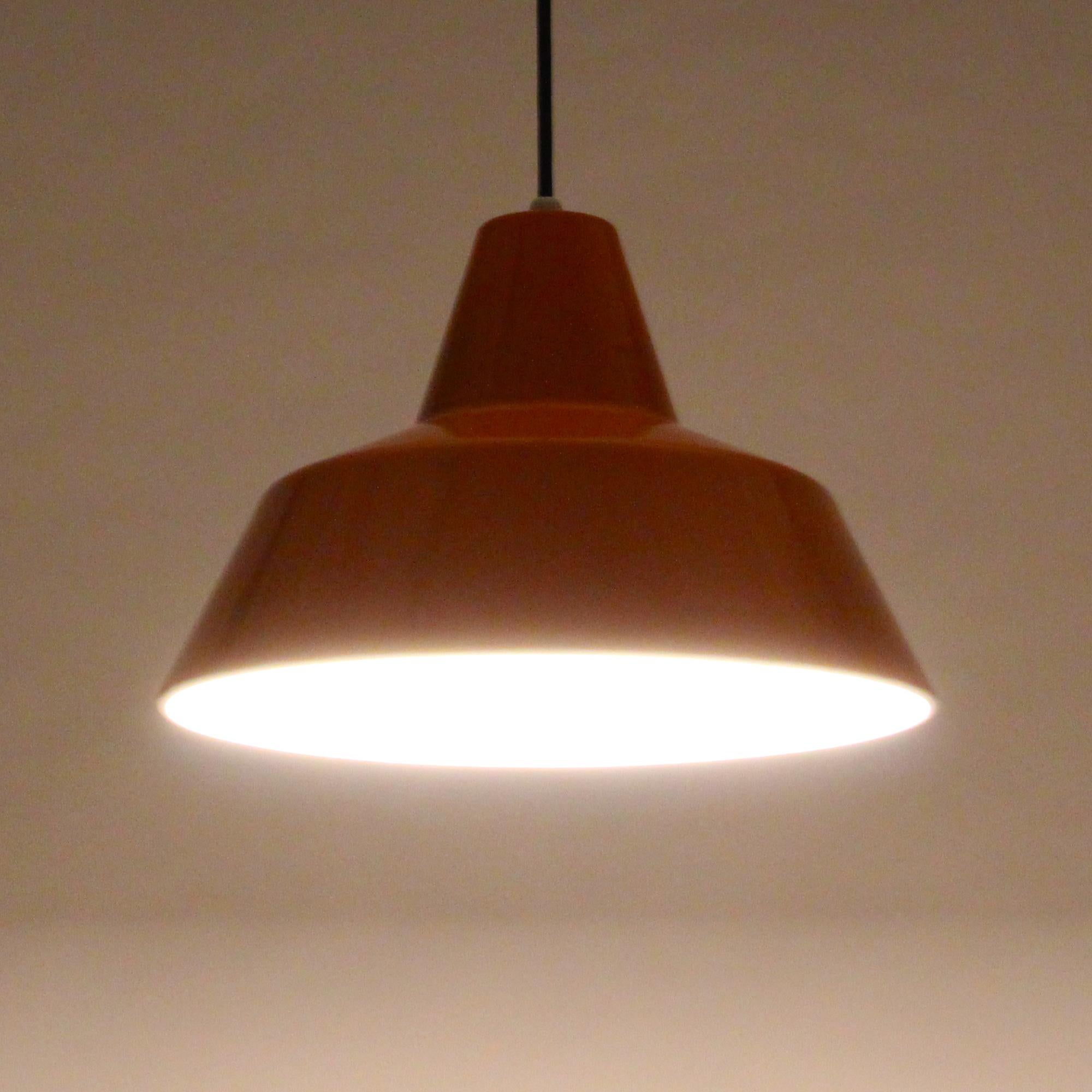Enamel Pendant, Orange Danish Lamp by Louis Poulsen, 1960s, Large Workshop Light (Dänisch)