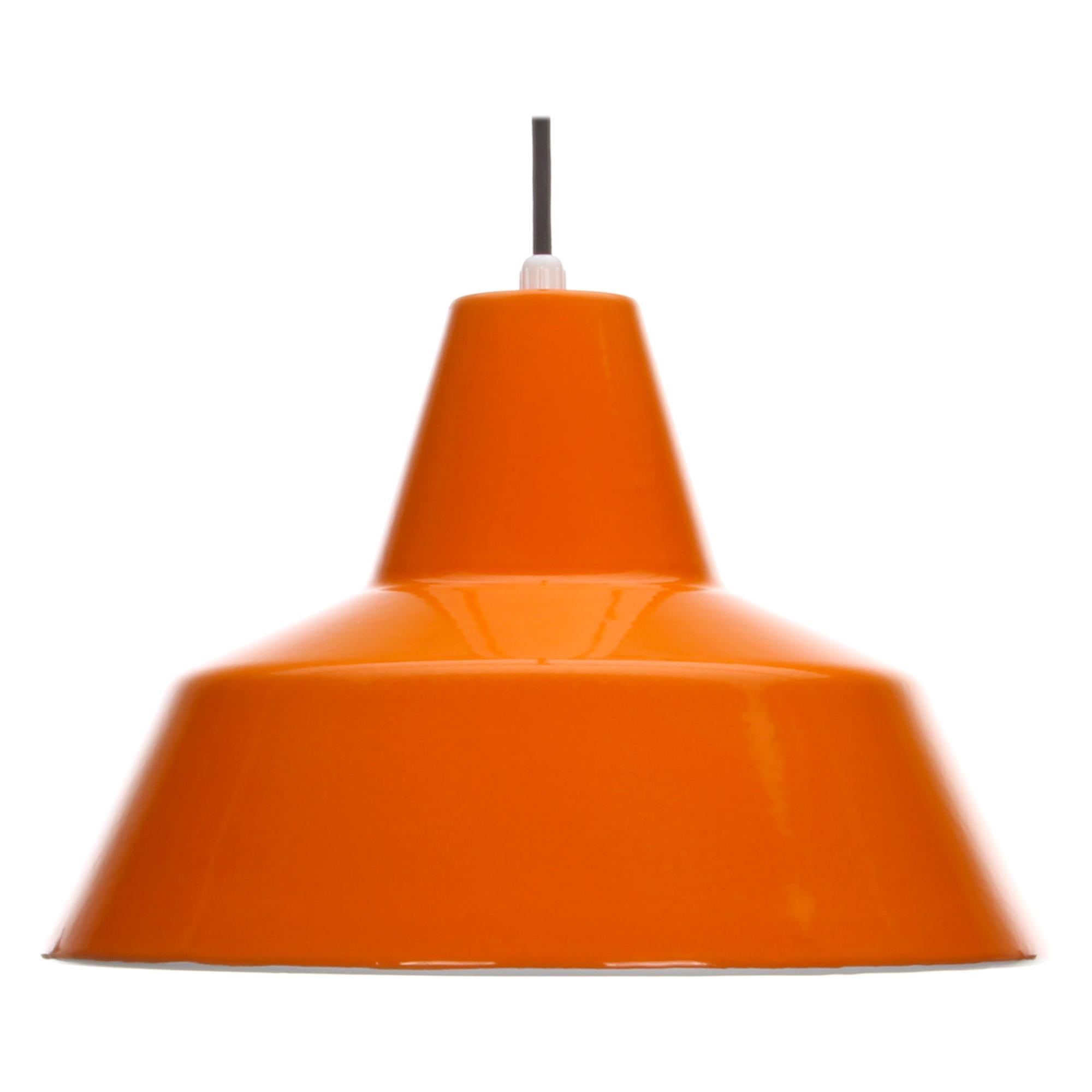 Enamel Pendant, Orange Danish Lamp by Louis Poulsen, 1960s, Large Workshop Light