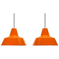 Enamel Pendant Pair, Orange Lamps by Louis Poulsen, 1960s