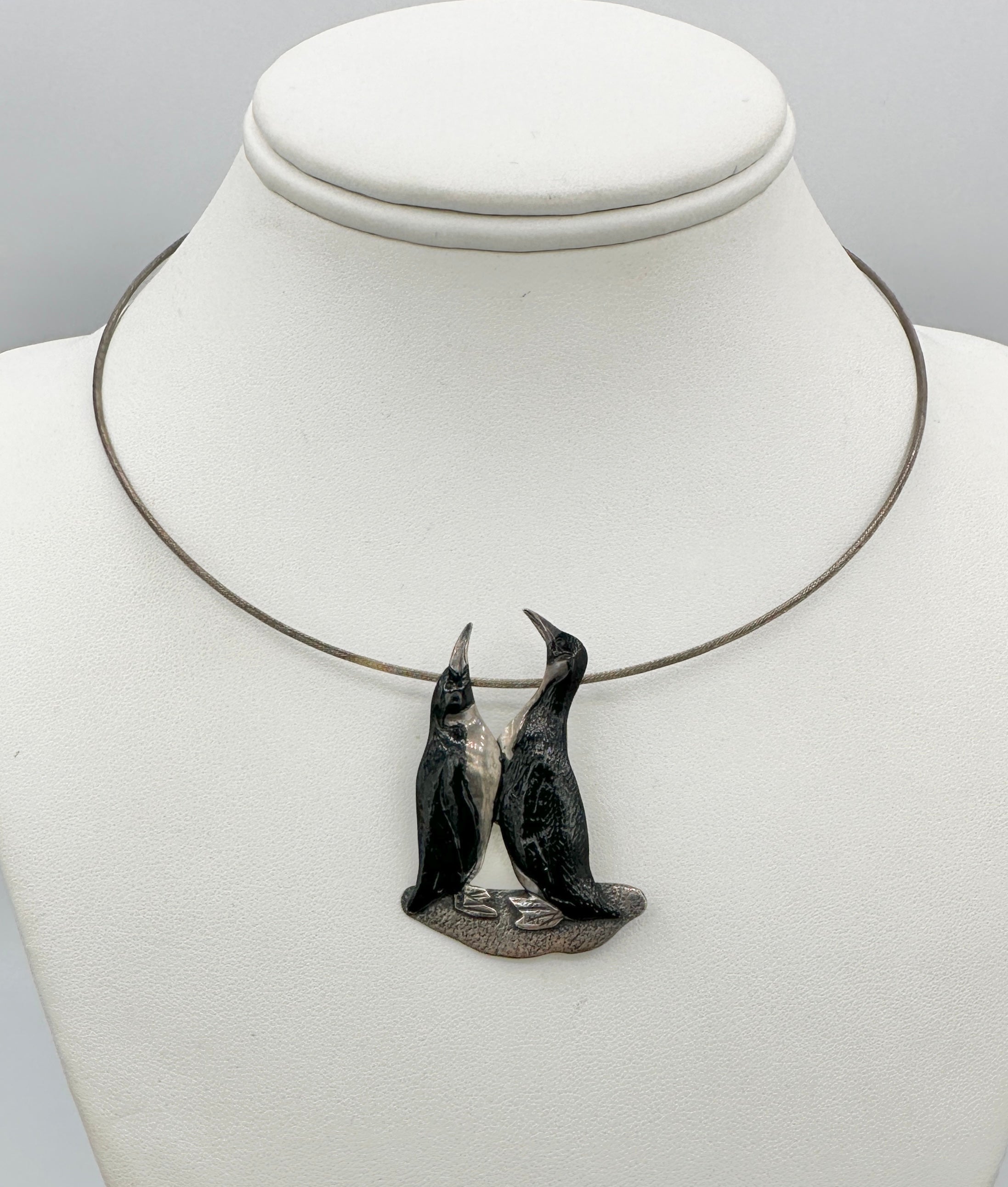 Women's or Men's Enamel Penguin Necklace Brooch Modernist Midcentury Silver Collar Necklace