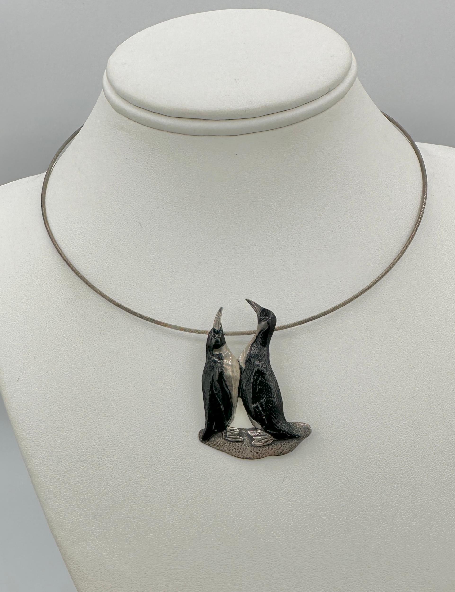 Enamel Penguin Necklace Brooch Modernist Midcentury Silver Collar Necklace 1