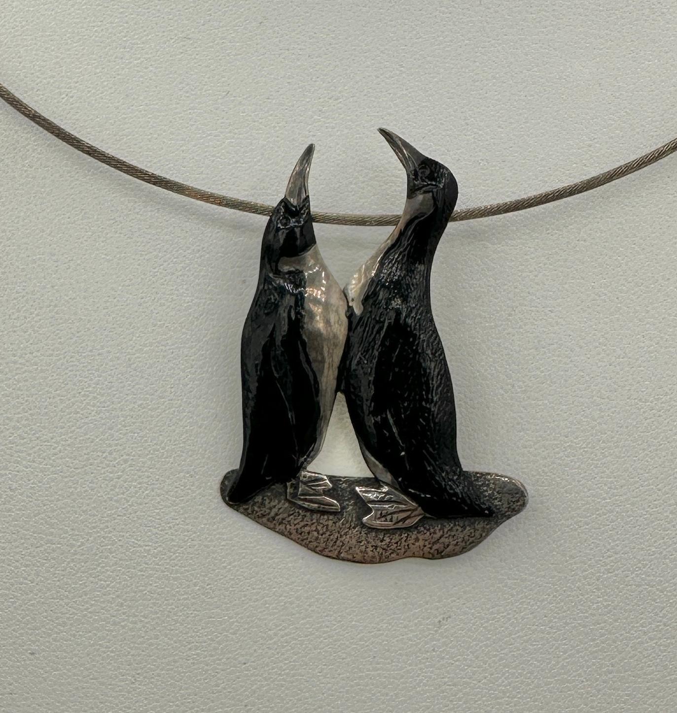 Enamel Penguin Necklace Brooch Modernist Midcentury Silver Collar Necklace 2
