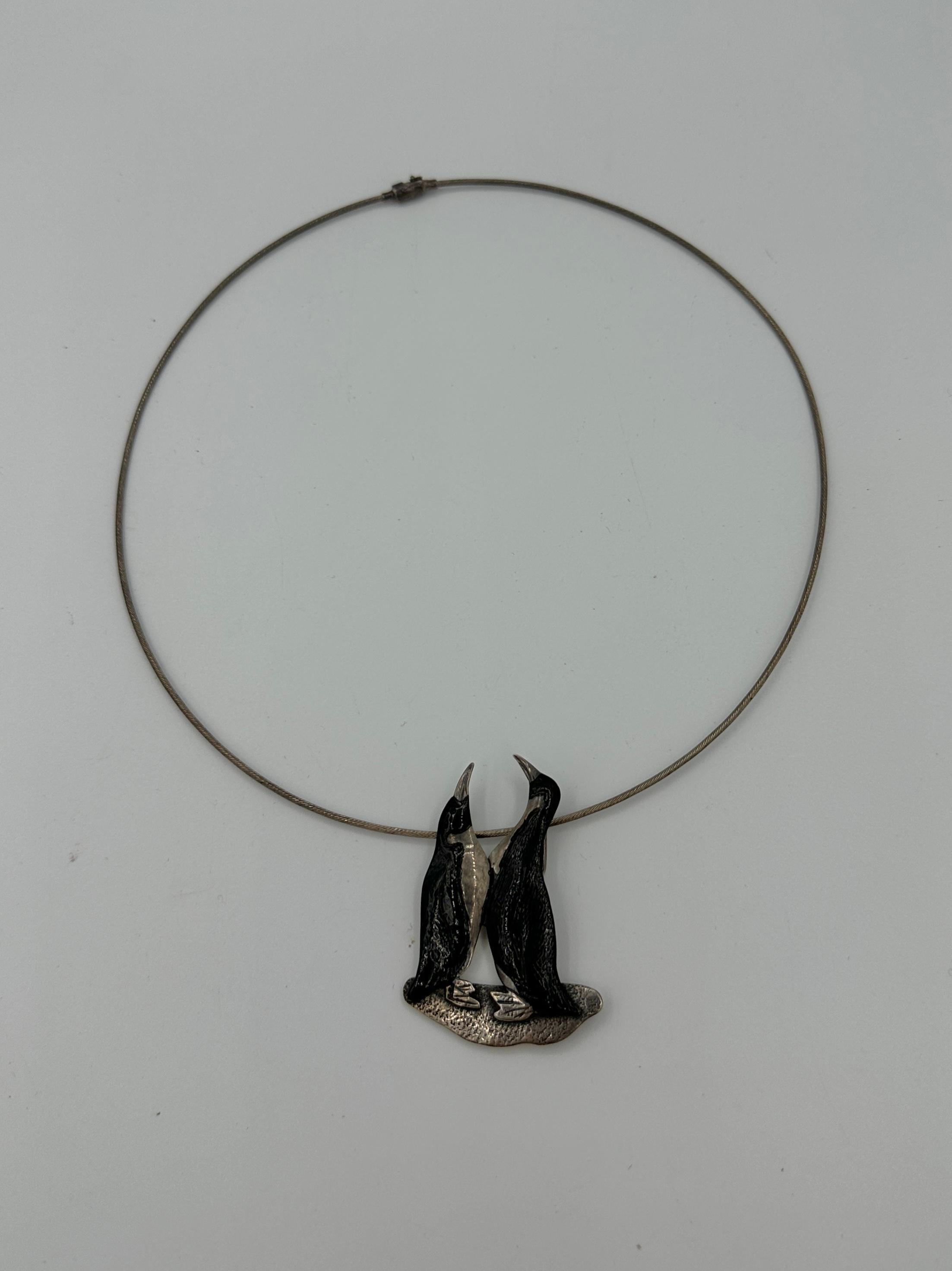 Enamel Penguin Necklace Brooch Modernist Midcentury Silver Collar Necklace 3