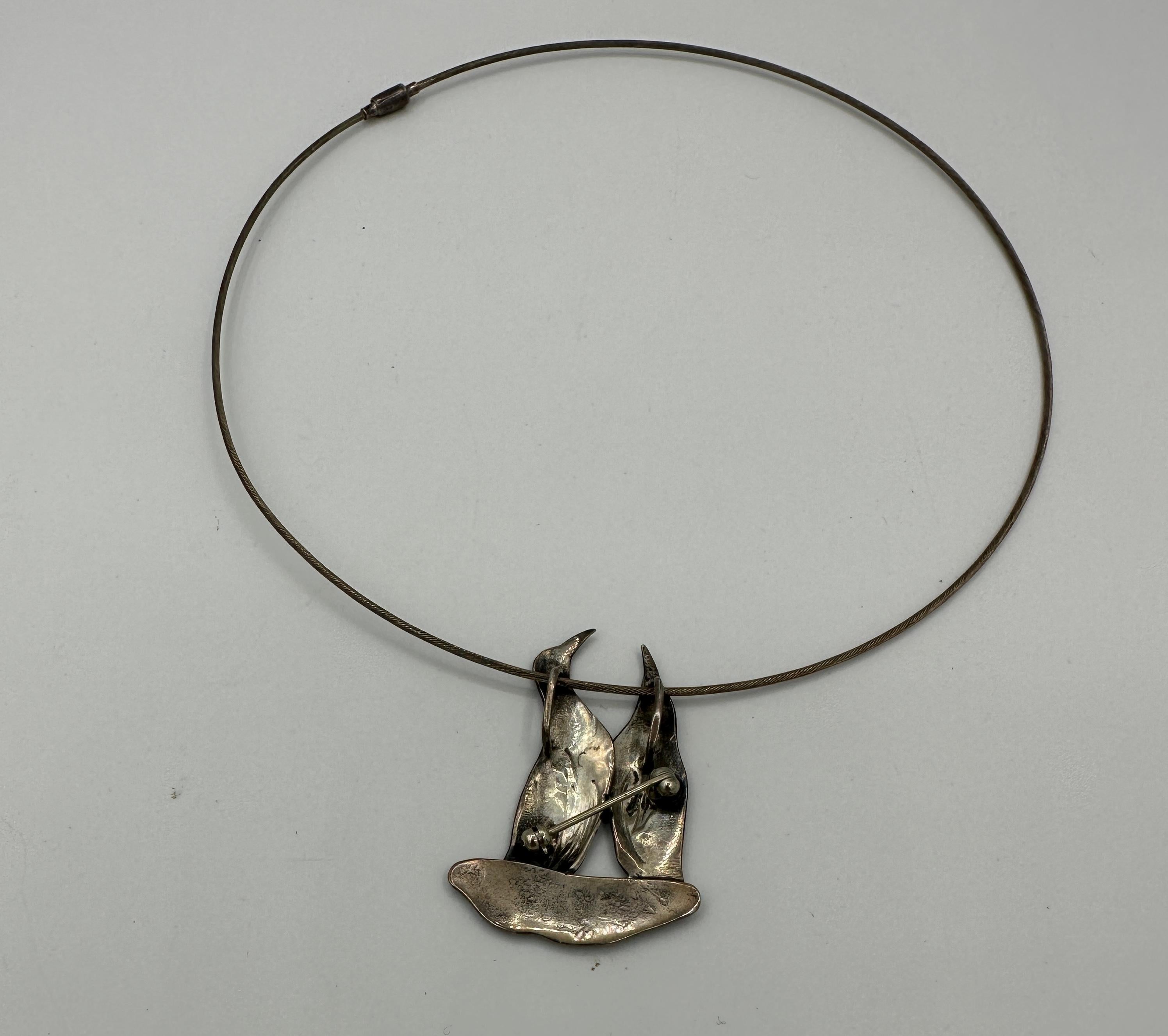 Enamel Penguin Necklace Brooch Modernist Midcentury Silver Collar Necklace 4
