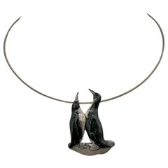 Vintage Enamel Penguin Necklace Brooch Modernist Midcentury Silver Collar Necklace