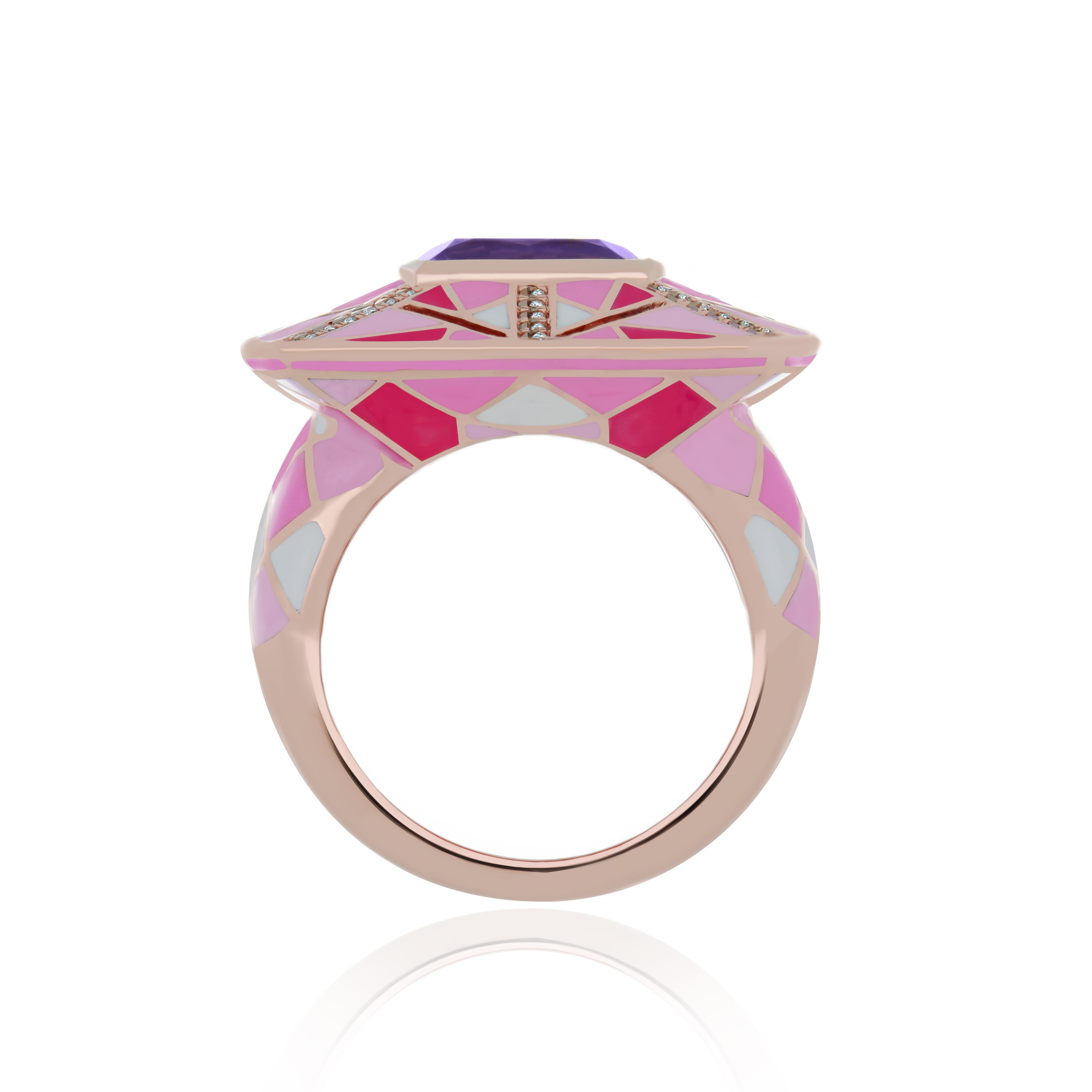 For Sale:  Enamel, Pink Amethyst and Diamond Studded Ring in 14K Rose Gold 2