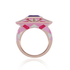 Enamel, Pink Amethyst and Diamond Studded Ring in 14K Rose Gold