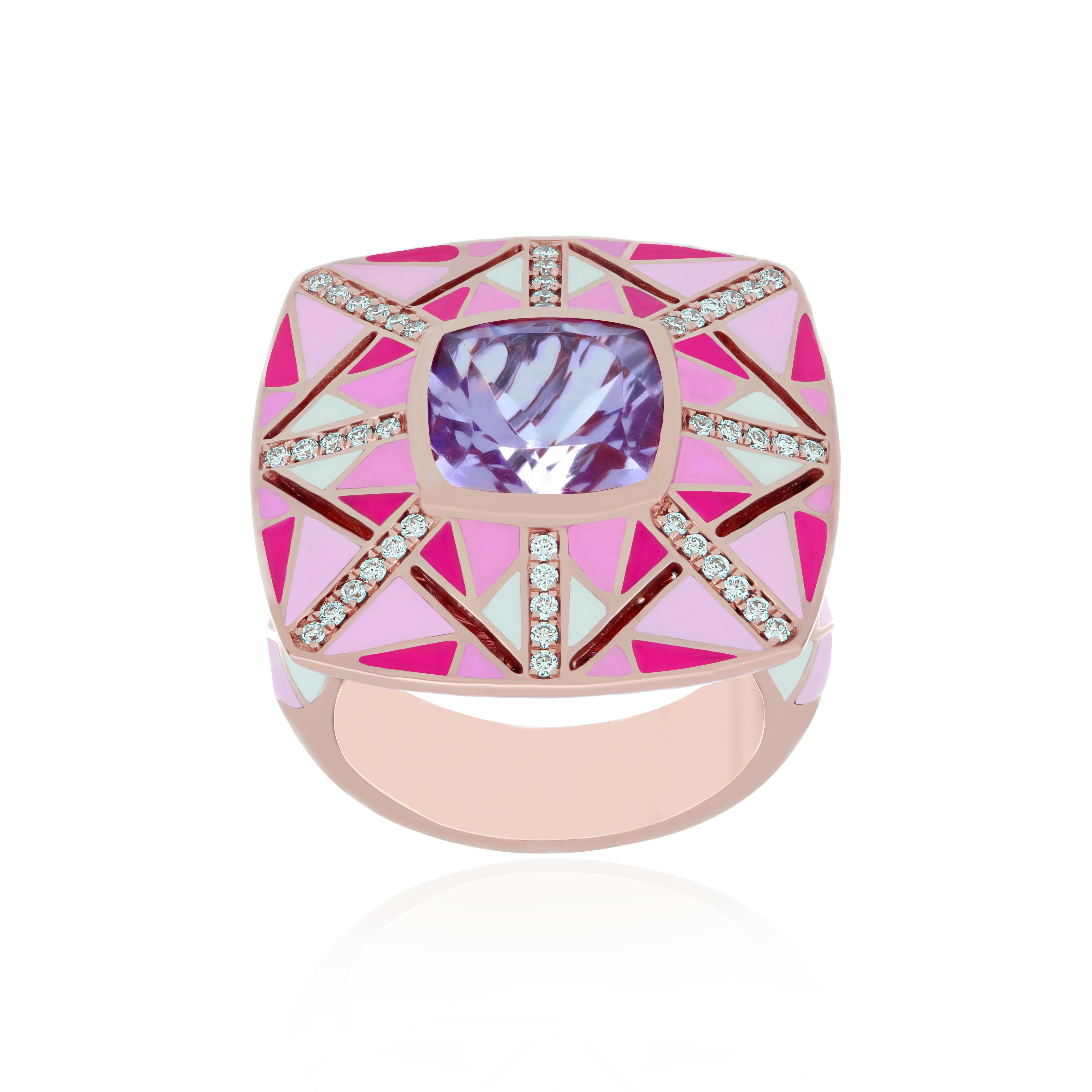 For Sale:  Enamel, Pink Amethyst and Diamond Studded Ring in 14K Rose Gold 3