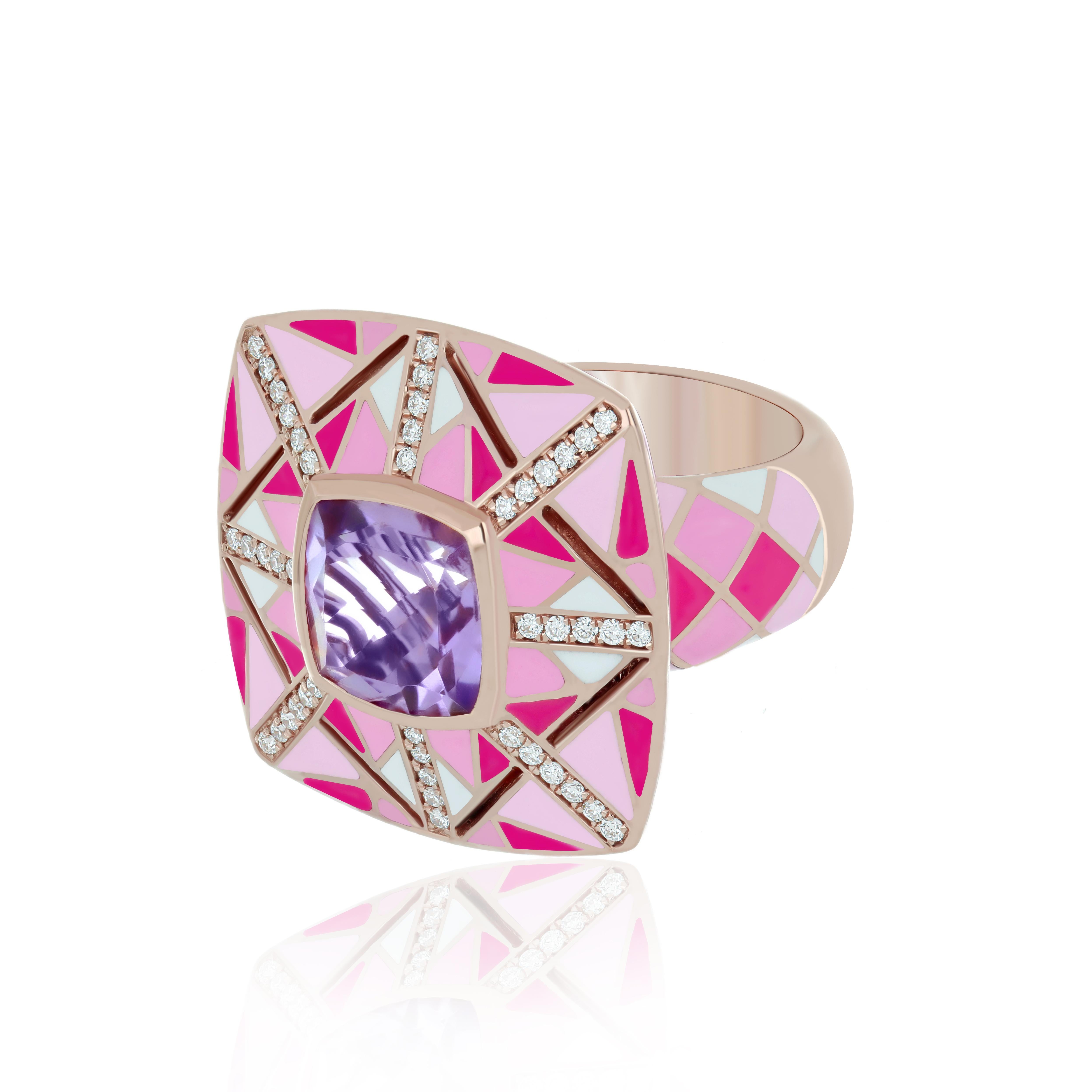 For Sale:  Enamel, Pink Amethyst and Diamond Studded Ring in 14K Rose Gold 4