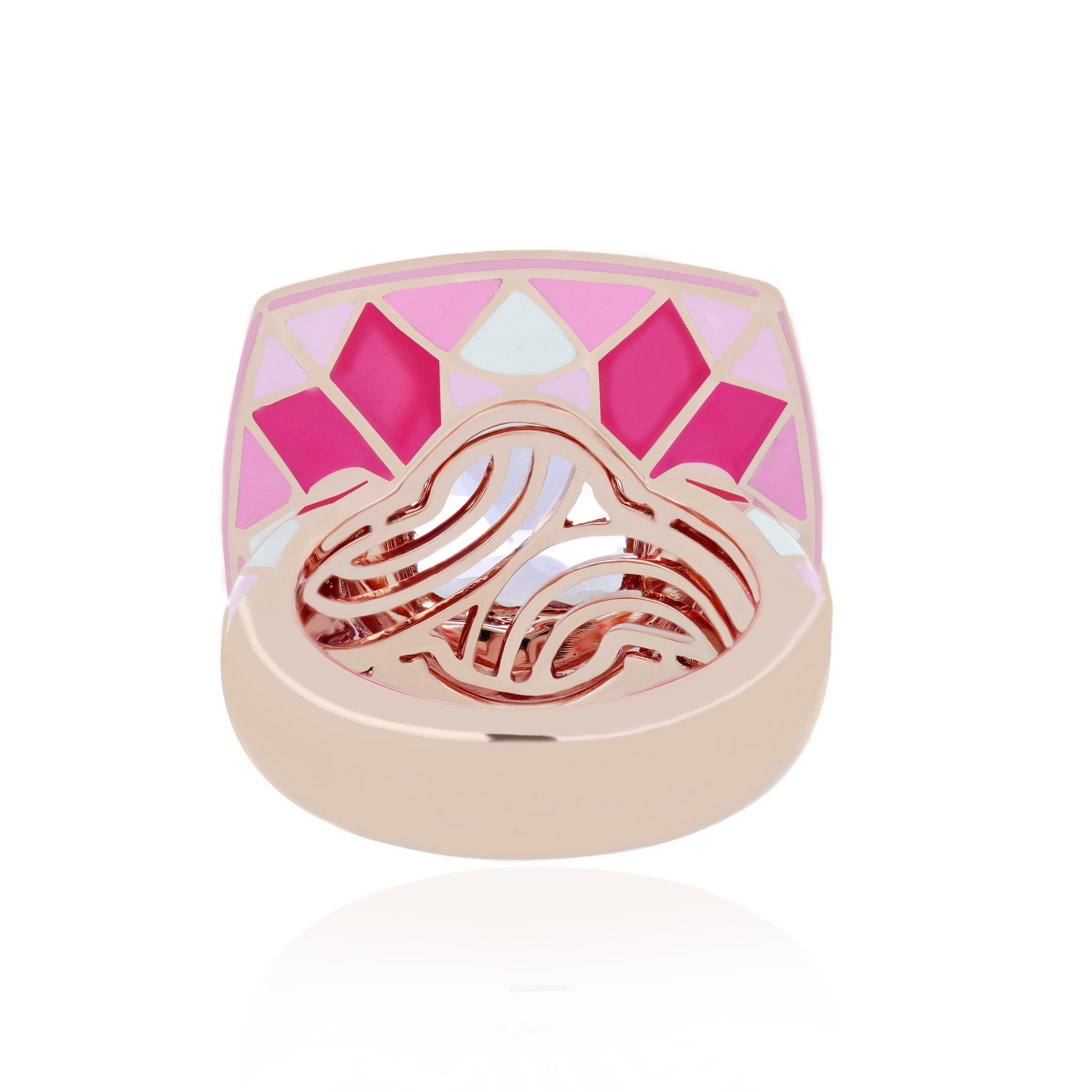 For Sale:  Enamel, Pink Amethyst and Diamond Studded Ring in 14K Rose Gold 7