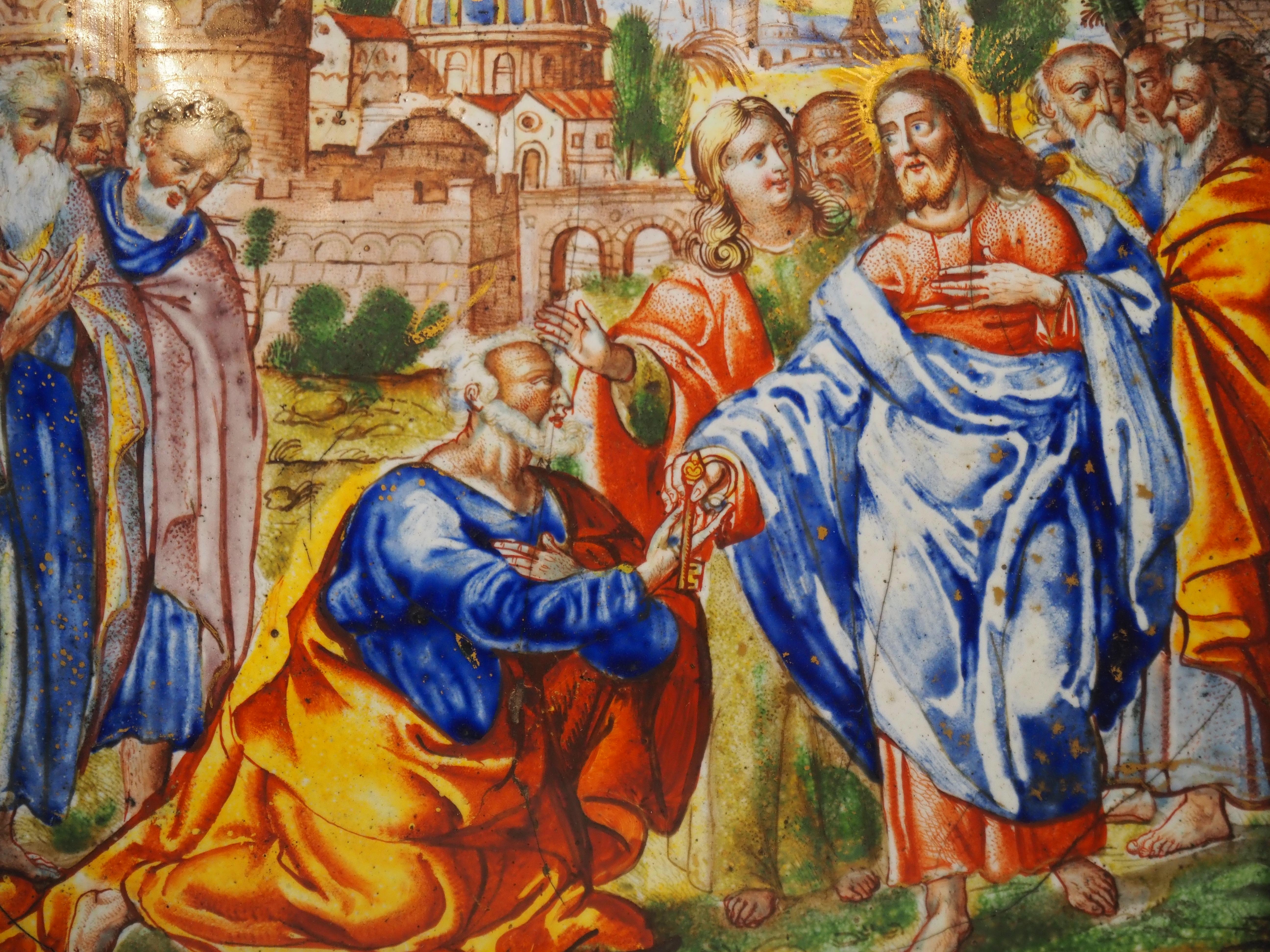 Plaque en émail représentant Saint Pierre recevant la clé du Christ, Allemagne, 17e siècle en vente 6
