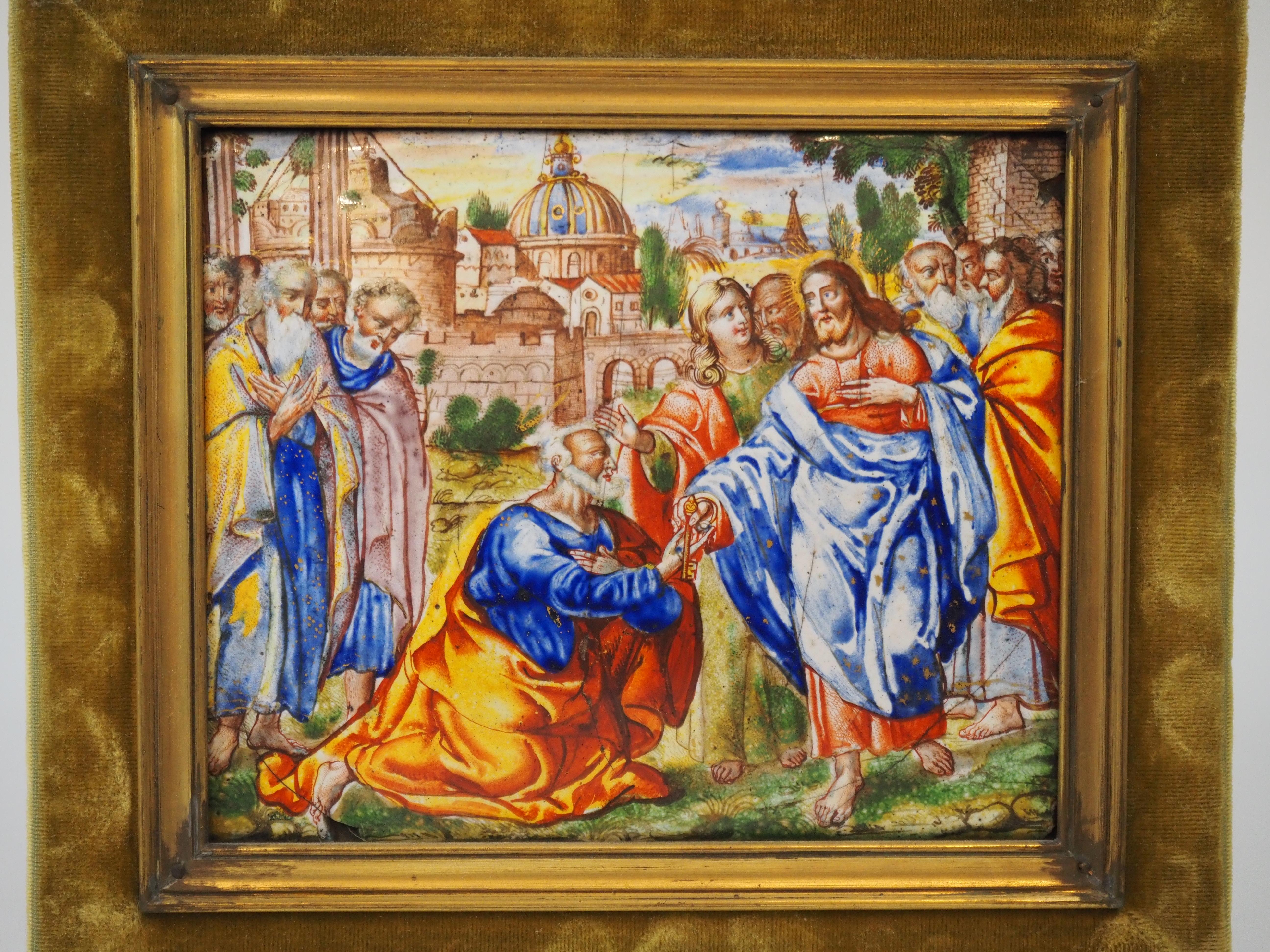 Plaque en émail représentant Saint Pierre recevant la clé du Christ, Allemagne, 17e siècle en vente 9
